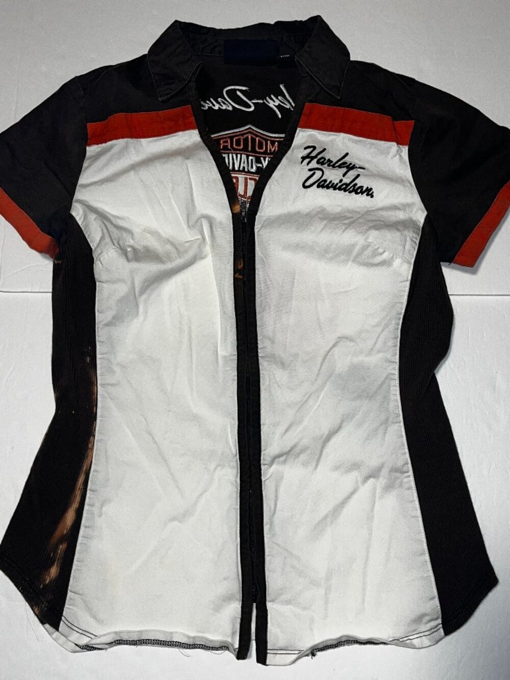 Harley Davidson women's zip front short sleeve shop shirt XS *see desc!